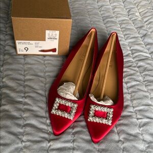 J Crew Pointy-Toe Flats with Crystal Buckle in Deep Ruby Size 9 NWT